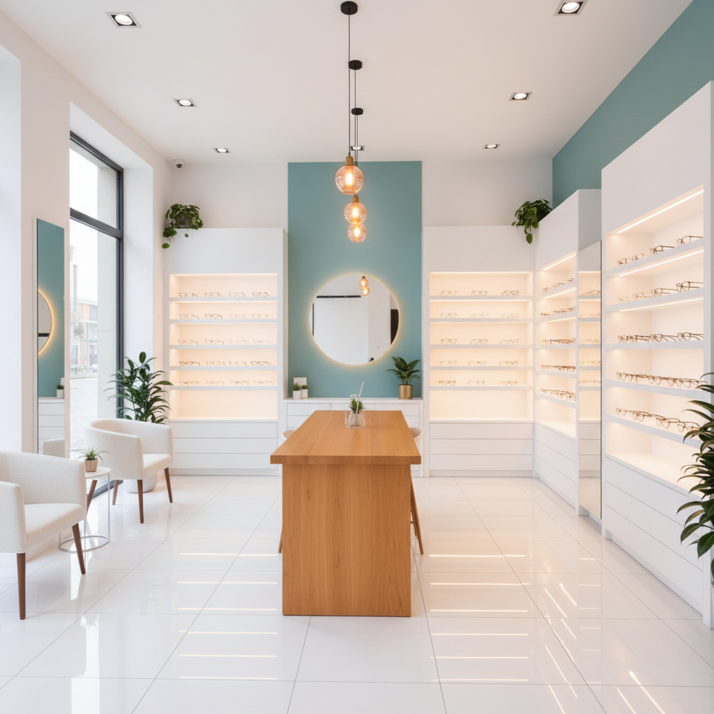 Welcoming optical shop interior with backlit shelves of eyeglass frames