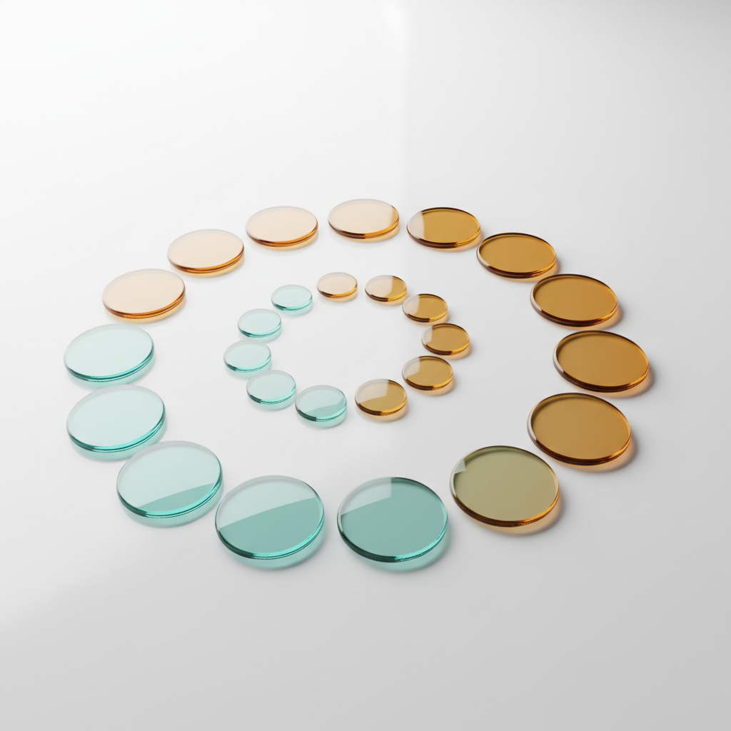 Abstract spiral of translucent glass discs suggesting stages of life