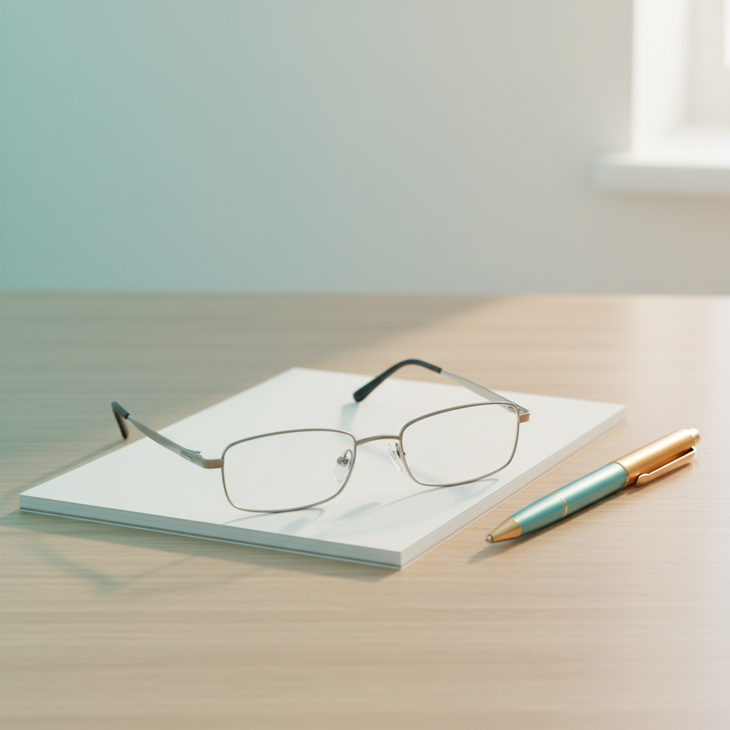 Eyeglasses resting on a blank notepad beside a pen in warm morning light