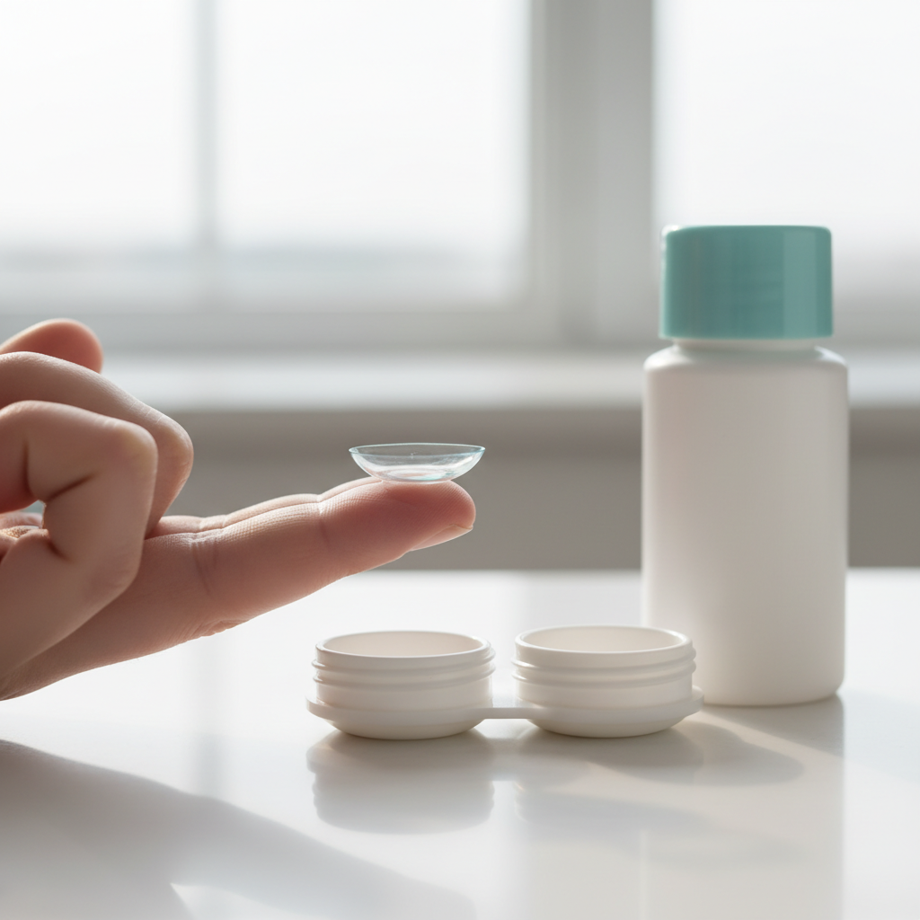 Soft contact lens on a fingertip above a lens case in bright light