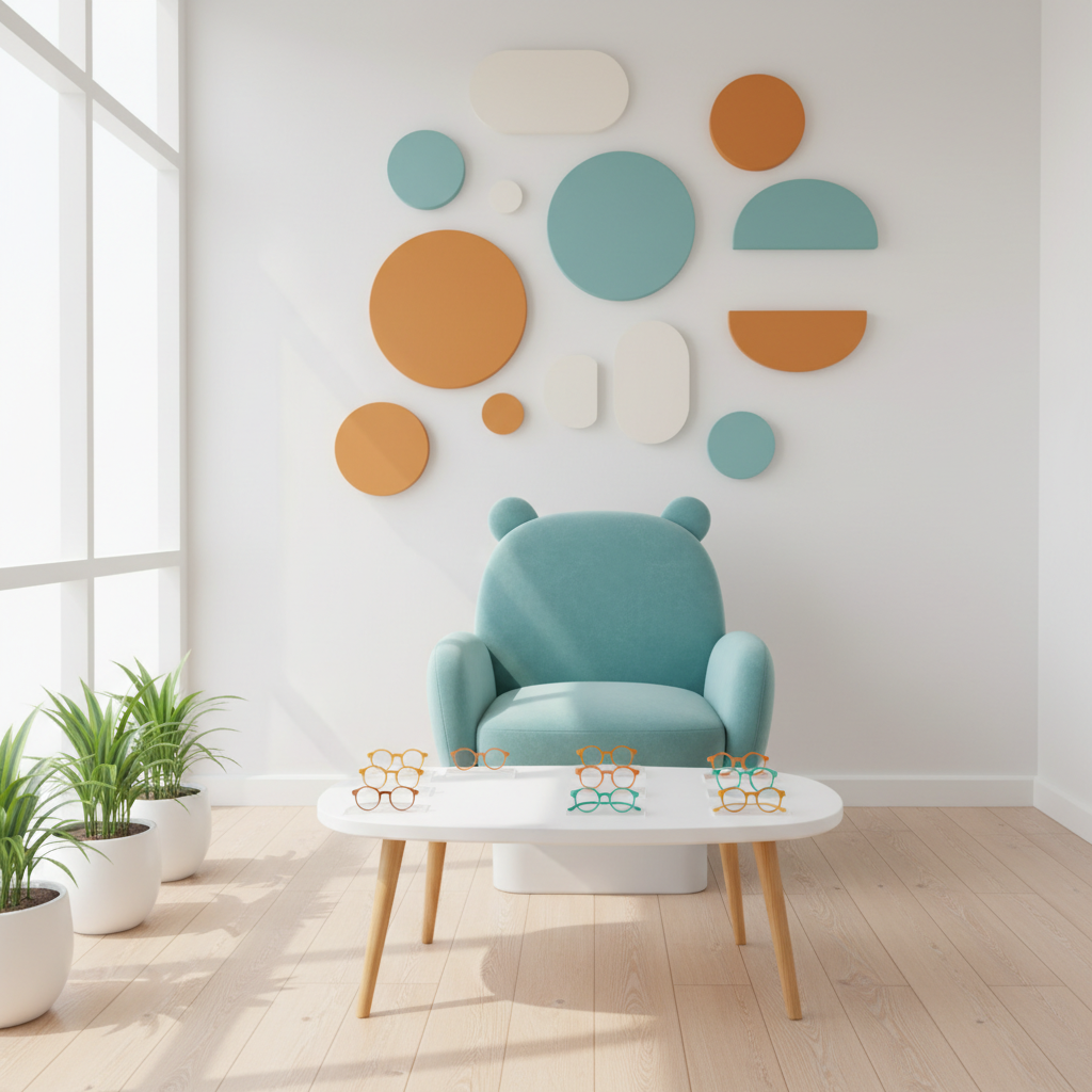 Child-friendly optometry corner with small eyeglass frames in warm and teal tones
