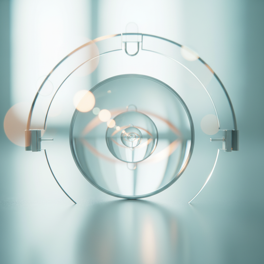 Trial lens from an optometry lens set refracting soft teal and warm light